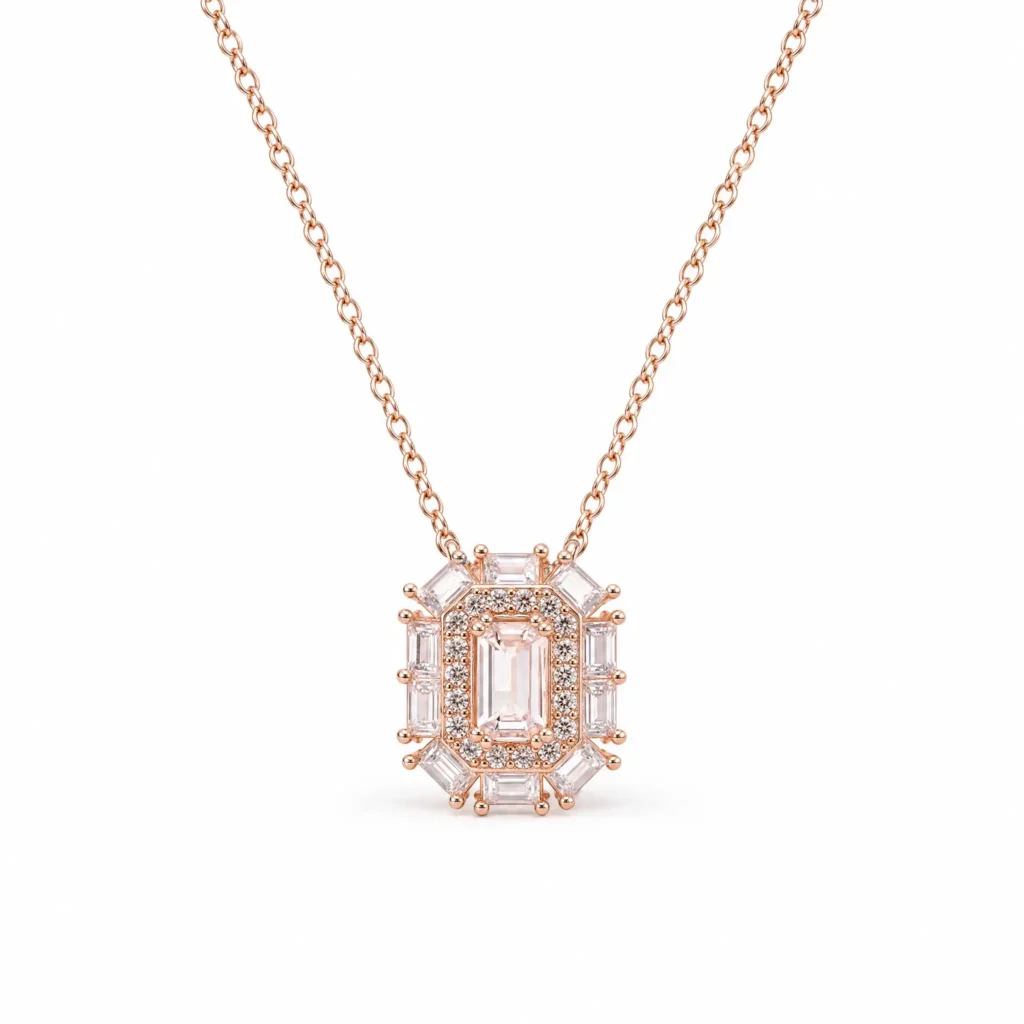 Divayra Rose Gold Emerald Cut Baguette Necklace