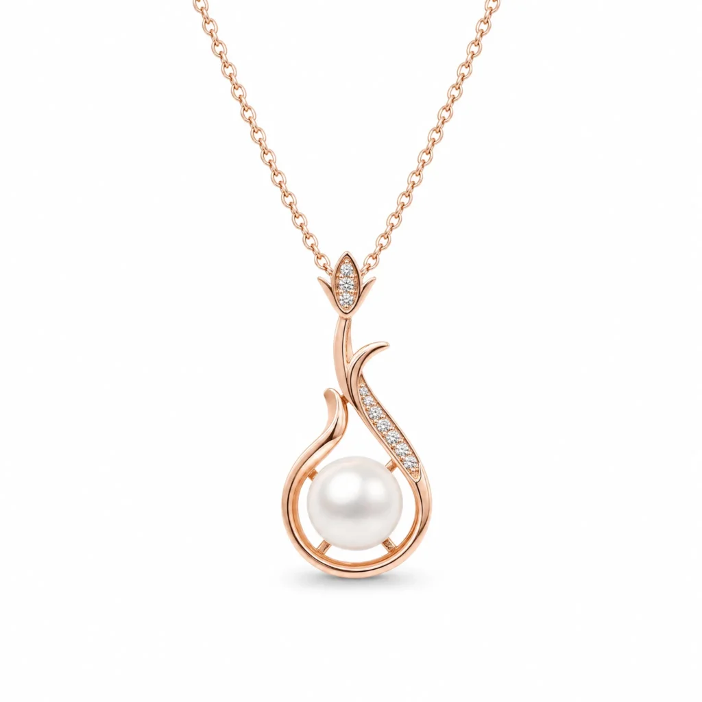 Divayra Rose Gold Floral Pearl Drop Necklace