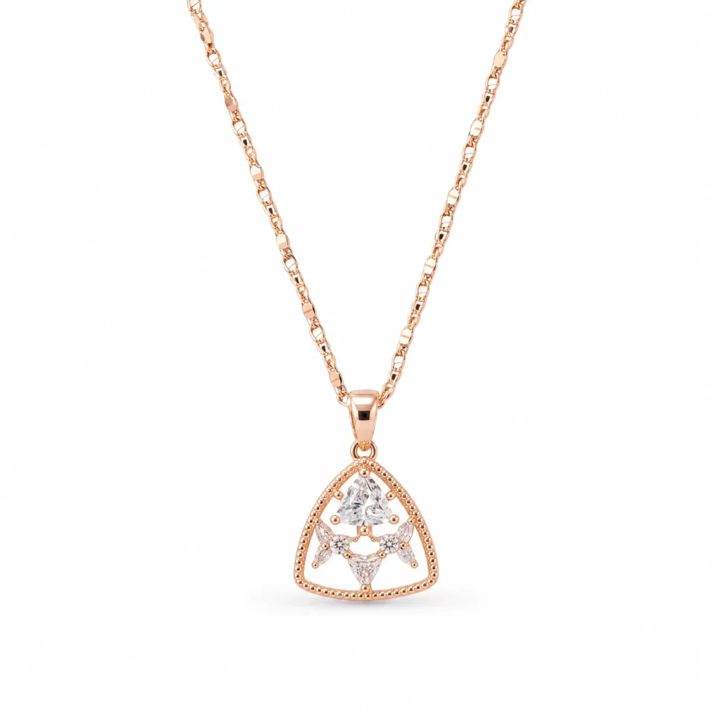 Divayra Rose Gold Beaded Triangle Trillion Cut Necklace