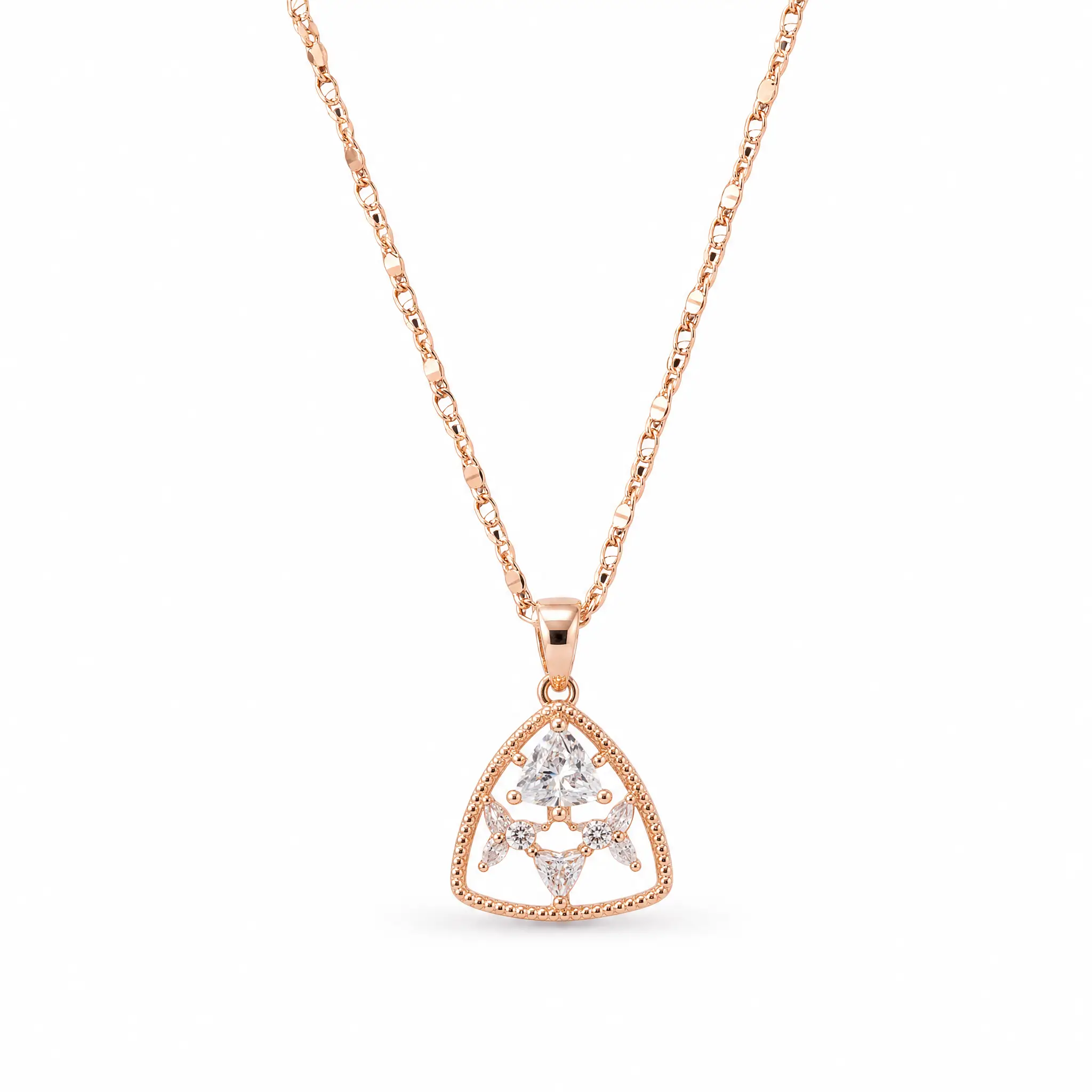 Divayra Rose Gold Beaded Triangle Trillion Cut Necklace