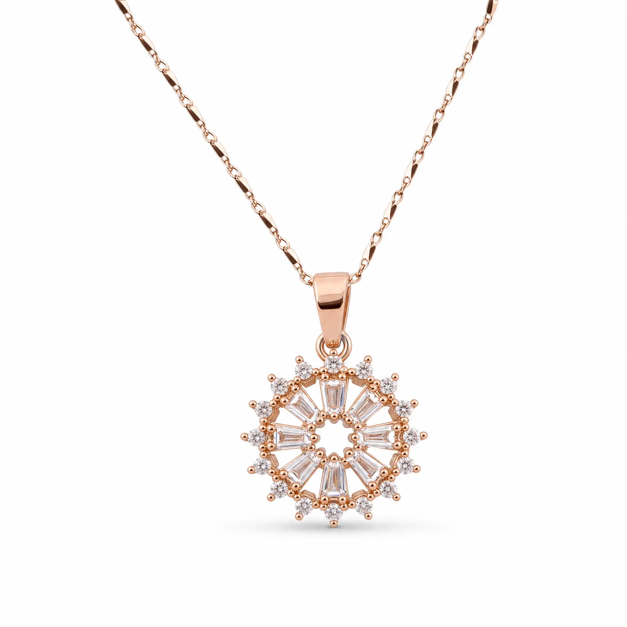 Divayra Rose Gold Baguette Sunburst Halo Necklace