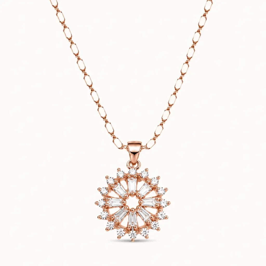 Divayra Rose Gold Baguette Sunburst Halo Necklace