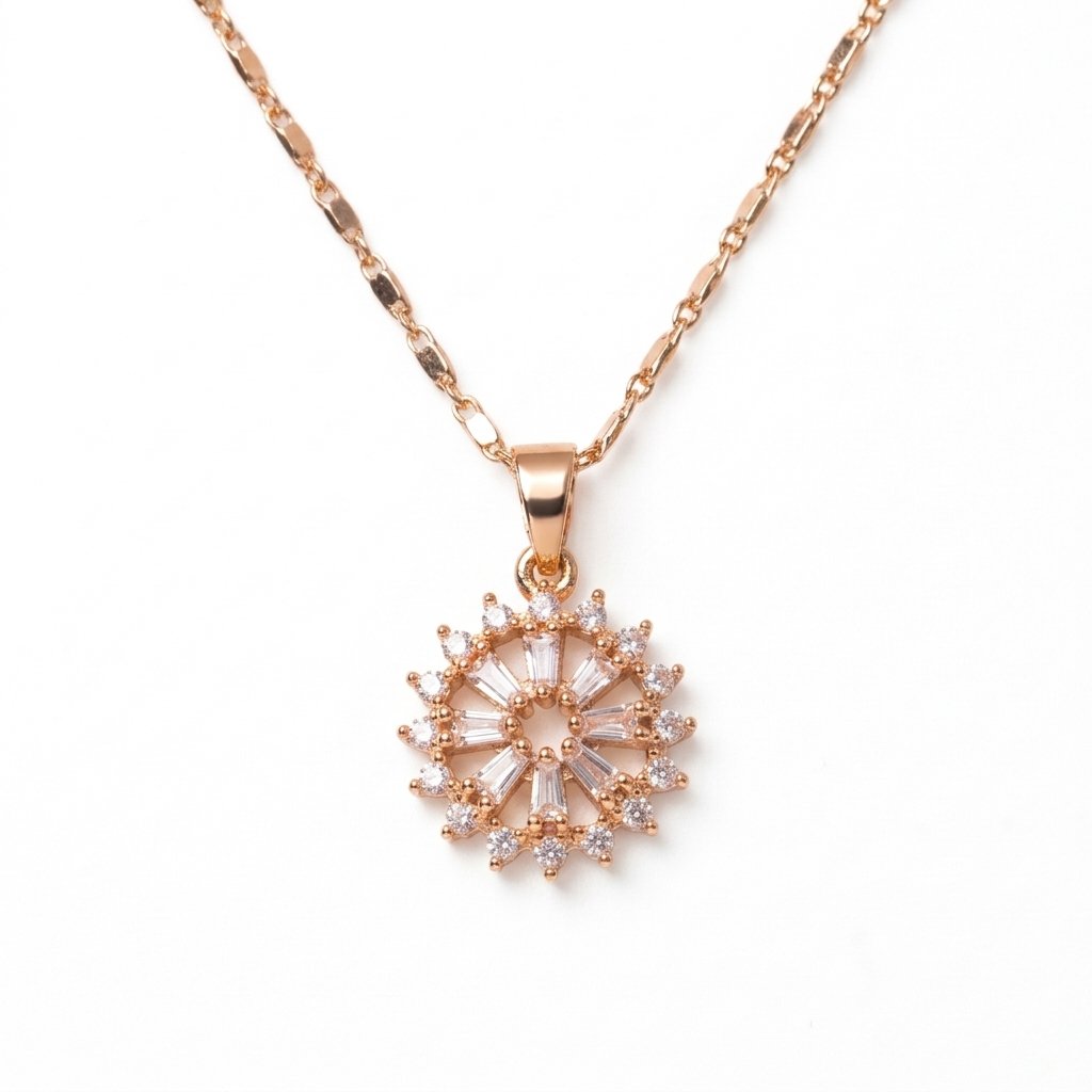 Divayra Rose Gold Baguette Sunburst Halo Necklace