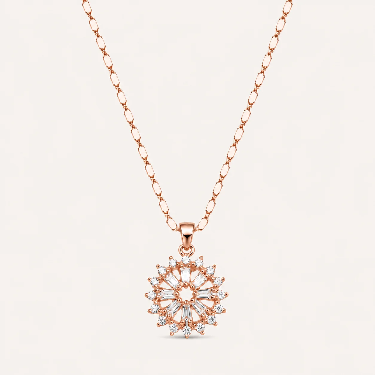 Divayra Rose Gold Baguette Sunburst Halo Necklace