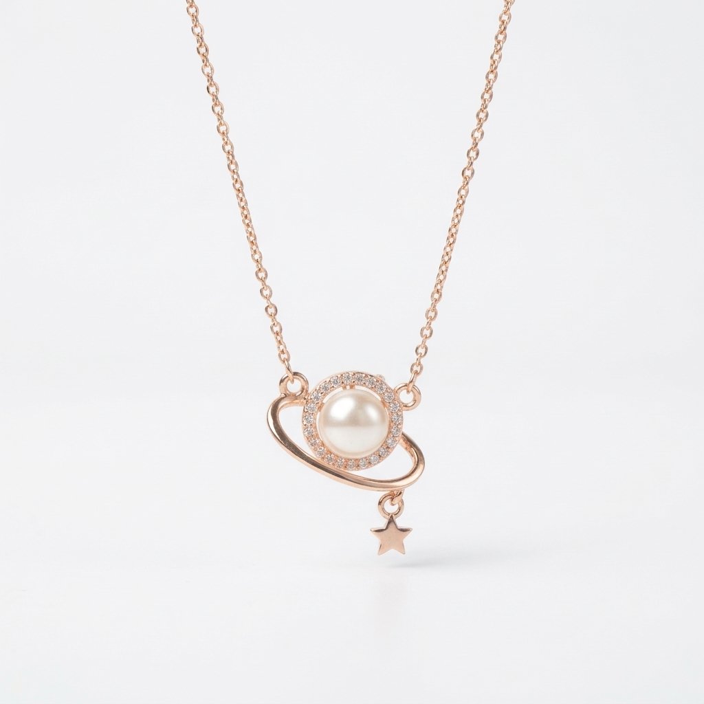 Divayra Rose Gold Pearl & Star Orbit Necklace