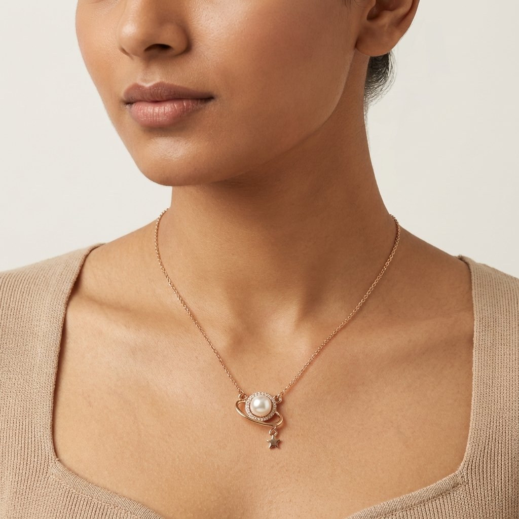 Divayra Rose Gold Pearl & Star Orbit Necklace