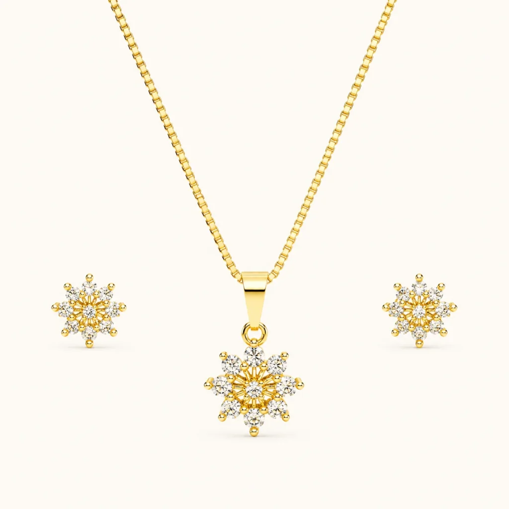 Aurora Bloom Jewelry Set featuring a polished gold pendant necklace and matching stud earrings with sparkling round-cut crystal snowflake design