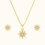 Aurora Bloom Jewelry Set featuring a polished gold pendant necklace and matching stud earrings with sparkling round-cut crystal snowflake design
