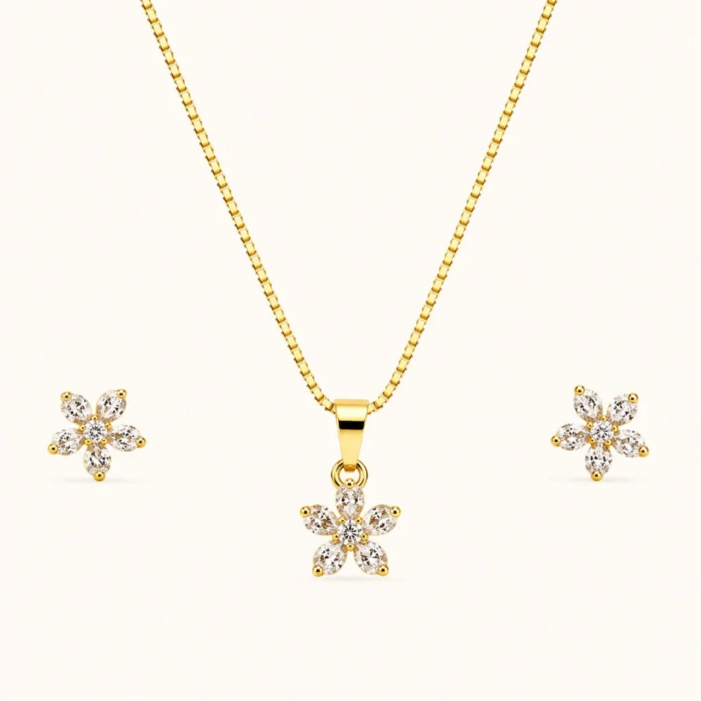 Blossom Radiance Jewelry Set featuring a five-petal crystal flower pendant with matching floral stud earrings in a polished gold finish