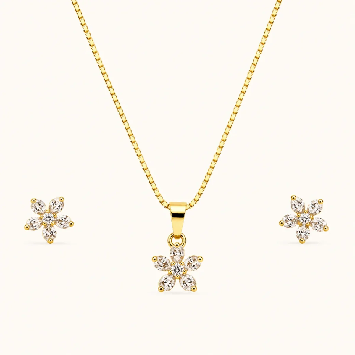 Blossom Radiance Jewelry Set featuring a five-petal crystal flower pendant with matching floral stud earrings in a polished gold finish