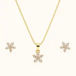 Blossom Radiance Jewelry Set featuring a five-petal crystal flower pendant with matching floral stud earrings in a polished gold finish