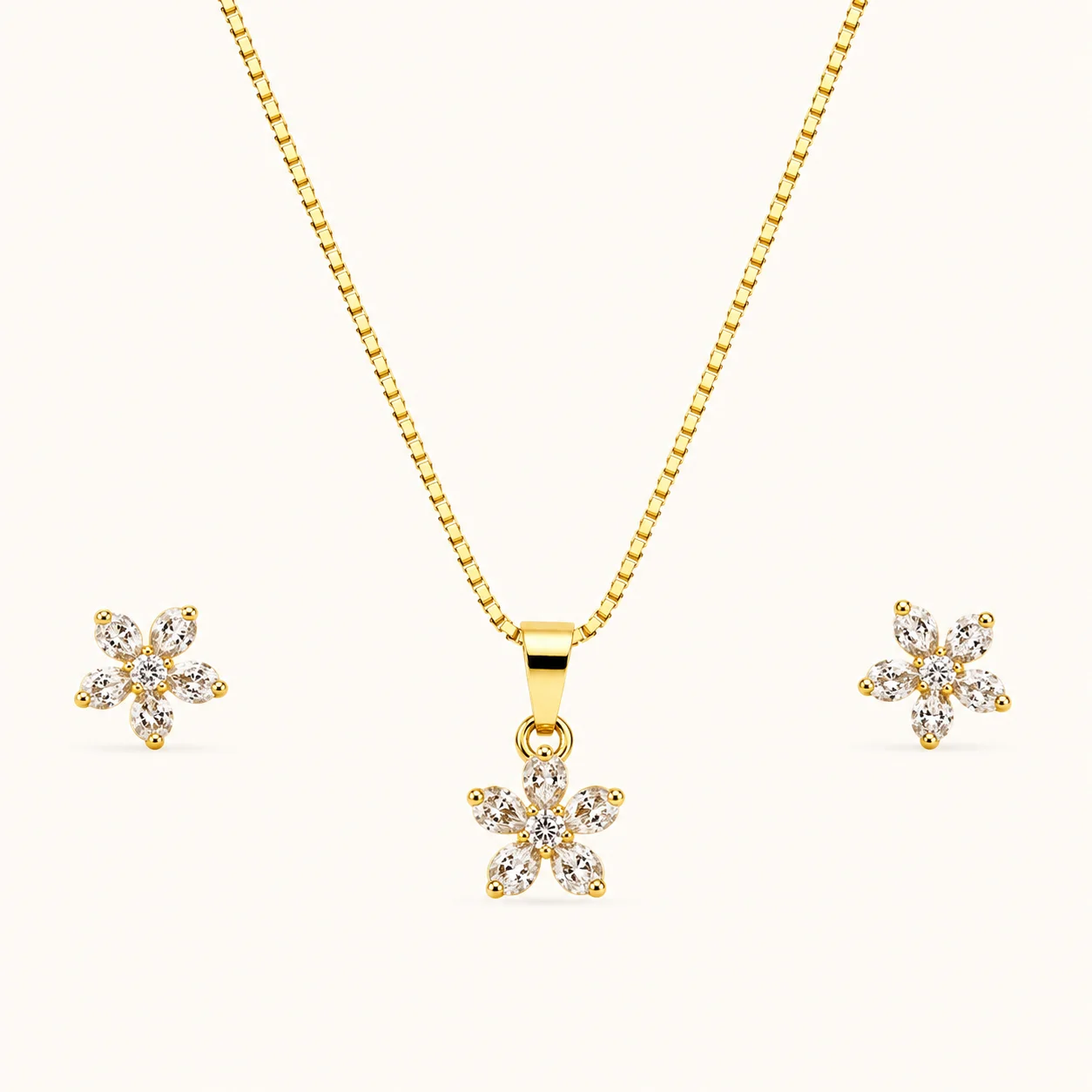 Blossom Radiance Jewelry Set featuring a five-petal crystal flower pendant with matching floral stud earrings in a polished gold finish