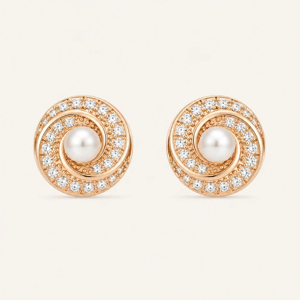 Divayra Rose Gold Pearl Halo Earrings with Cubic Zirconia and Pearl Center for Women