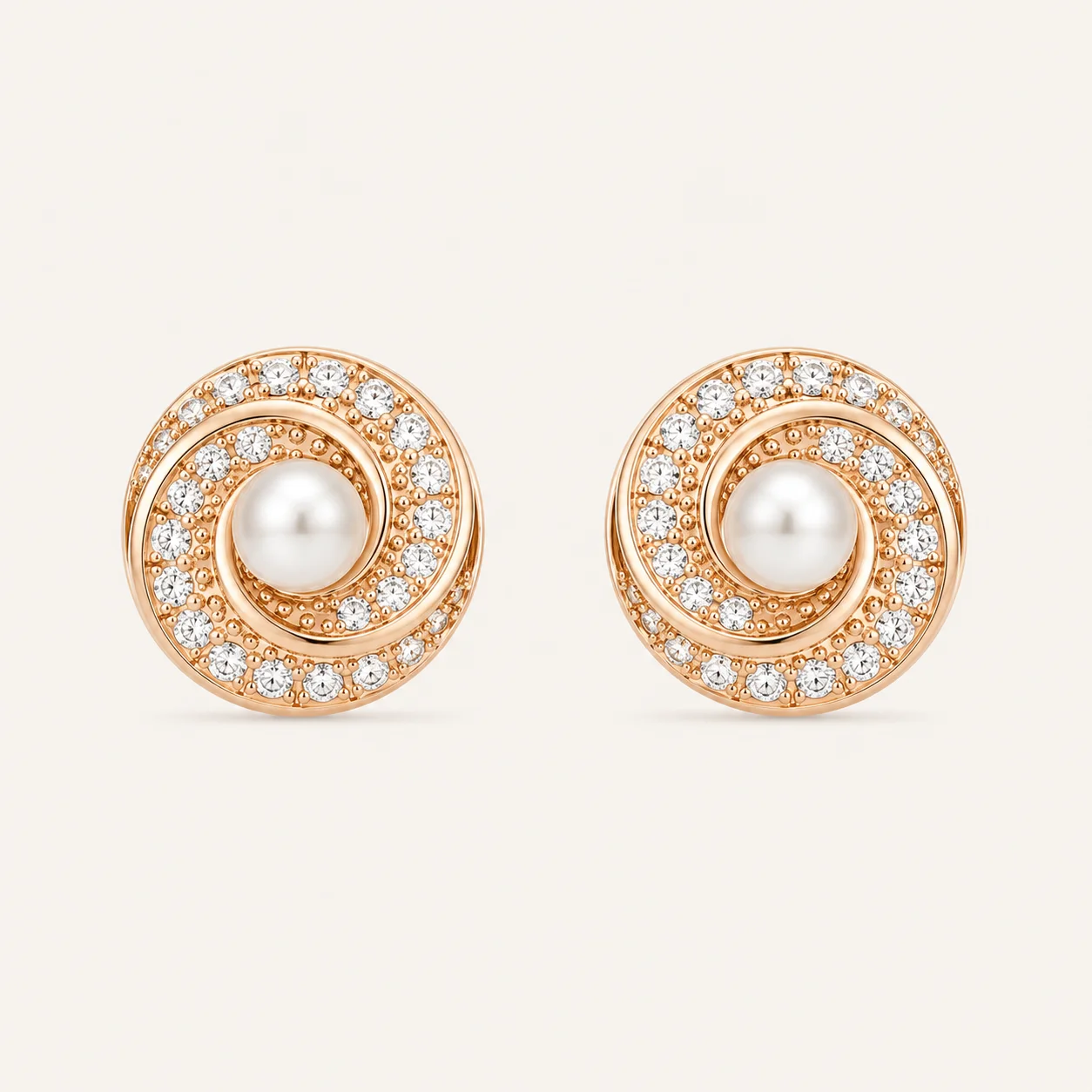 Divayra Rose Gold Pearl Halo Earrings with Cubic Zirconia and Pearl Center for Women