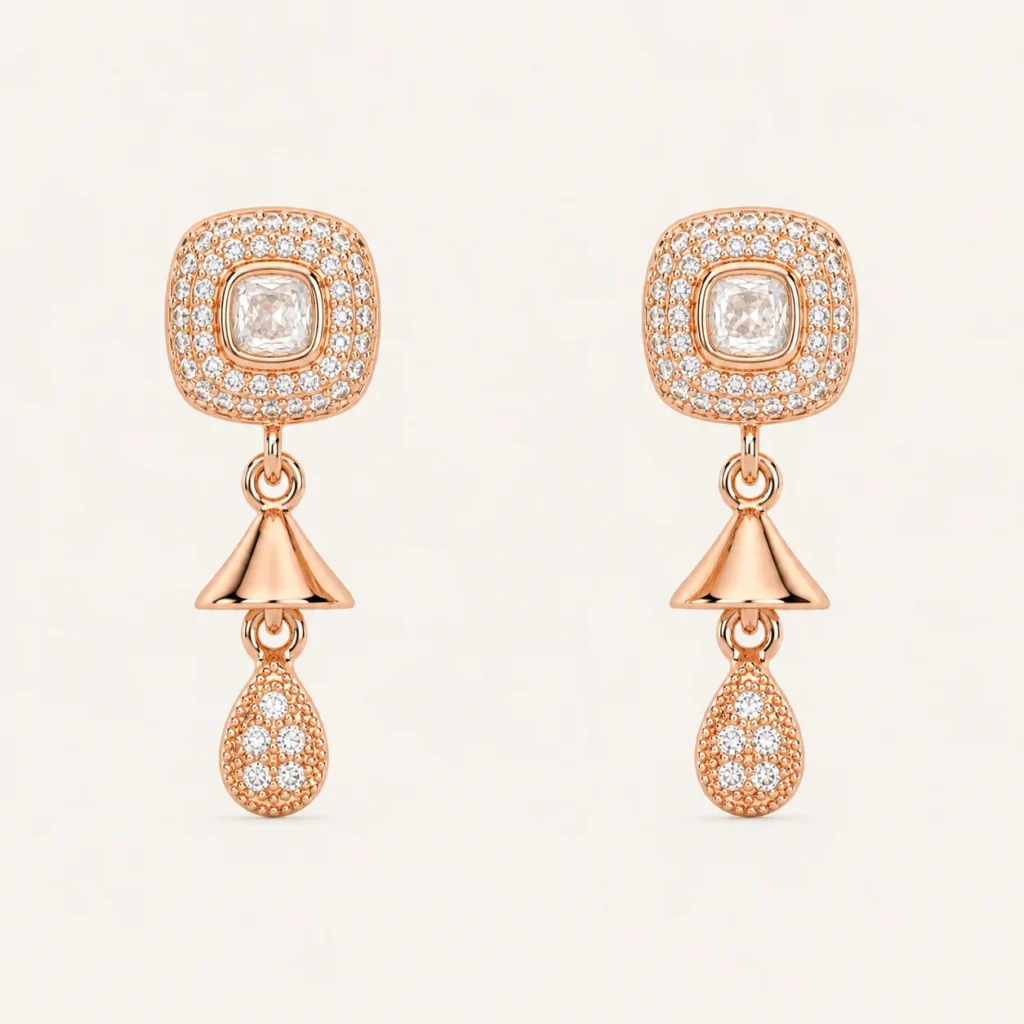 Divayra Rose gold halo drop earrings with cushion cut cubic zirconia and pavé teardrop charm for women