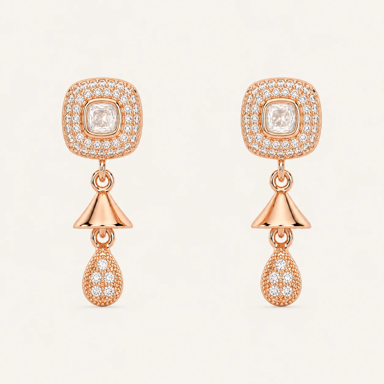 Divayra Rose gold halo drop earrings with cushion cut cubic zirconia and pavé teardrop charm for women