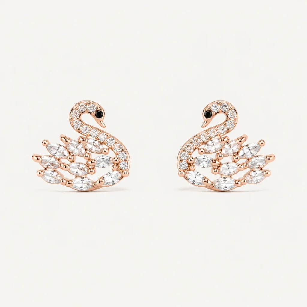 Divayra Rose Gold Swan Earrings with Marquise Cut Cubic Zirconia Stones for Women