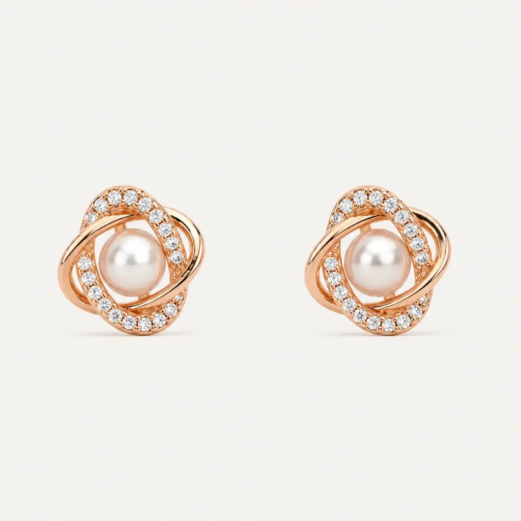 Divayra Rose Gold Pearl Stud Earrings with Cubic Zirconia and Pearl Center for Women