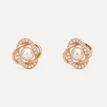 Divayra Rose Gold Pearl Stud Earrings with Cubic Zirconia and Pearl Center for Women
