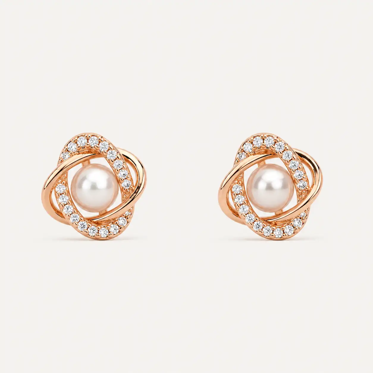 Divayra Rose Gold Pearl Stud Earrings with Cubic Zirconia and Pearl Center for Women