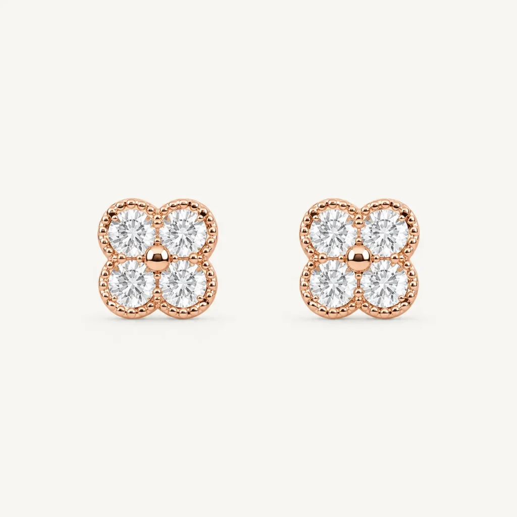 Divayra Rose Gold Clover Stud Earrings with Four Cubic Zirconia Stones for Women