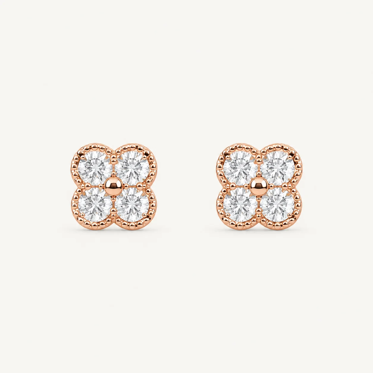 Divayra Rose Gold Clover Stud Earrings with Four Cubic Zirconia Stones for Women
