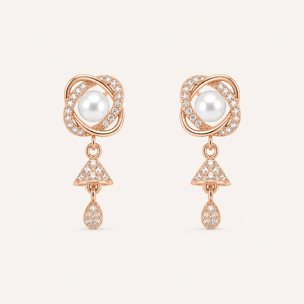 Divayra Rose Gold Pearl Drop Earrings with Cubic Zirconia and Elegant Pearl Center for Women