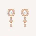 Divayra Rose Gold Pearl Drop Earrings with Cubic Zirconia and Elegant Pearl Center for Women