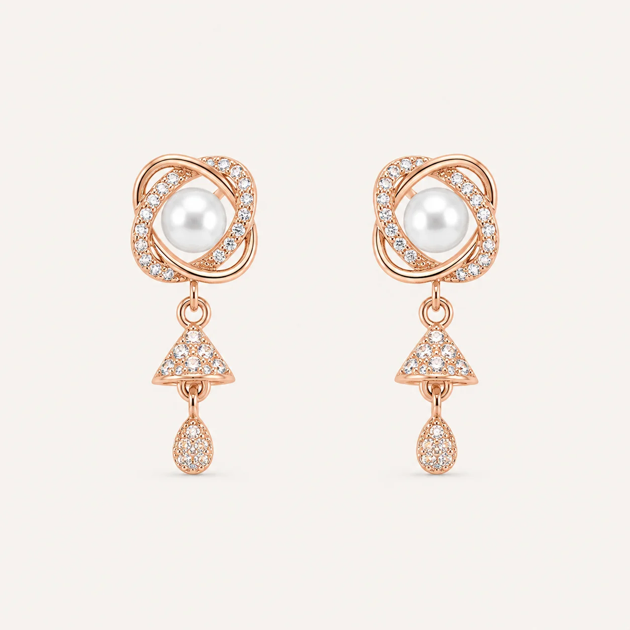 Divayra Rose Gold Pearl Drop Earrings with Cubic Zirconia and Elegant Pearl Center for Women