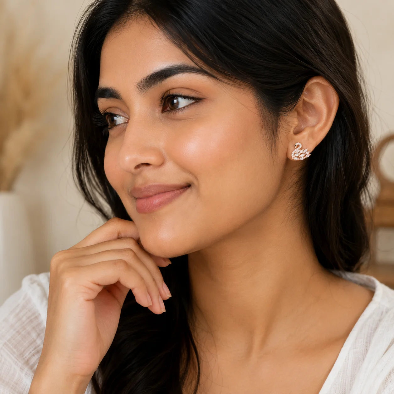 Divayra Rose Gold Swan Earrings with Marquise Cut Cubic Zirconia Stones for Women