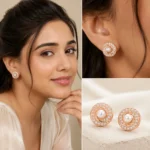 Divayra Rose Gold Pearl Halo Earrings with Cubic Zirconia and Pearl Center for Women