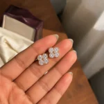 Divayra Rose Gold Clover Stud Earrings with Four Cubic Zirconia Stones for Women