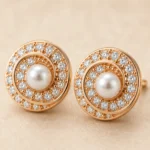 Divayra Rose Gold Pearl Halo Earrings with Cubic Zirconia and Pearl Center for Women