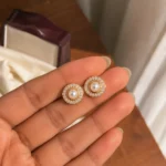 Divayra Rose Gold Pearl Halo Earrings with Cubic Zirconia and Pearl Center for Women