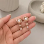 Divayra Rose Gold Pearl Drop Earrings with Cubic Zirconia and Elegant Pearl Center for Women