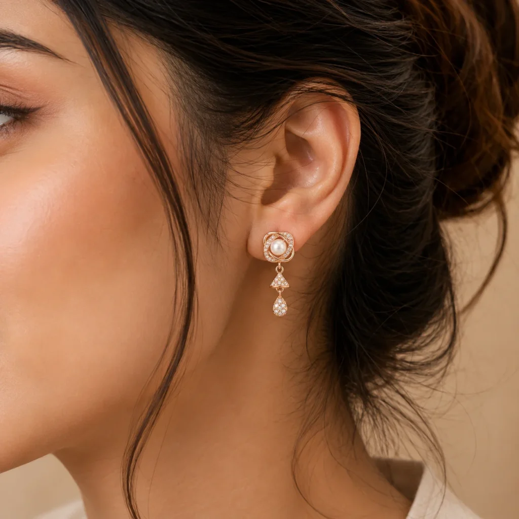 Divayra Rose Gold Pearl Drop Earrings with Cubic Zirconia and Elegant Pearl Center for Women