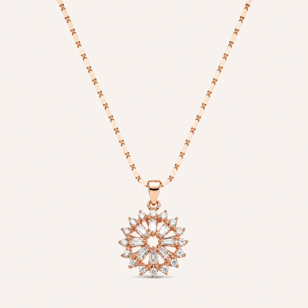Divayra Rose Gold Baguette Sunburst Halo Necklace