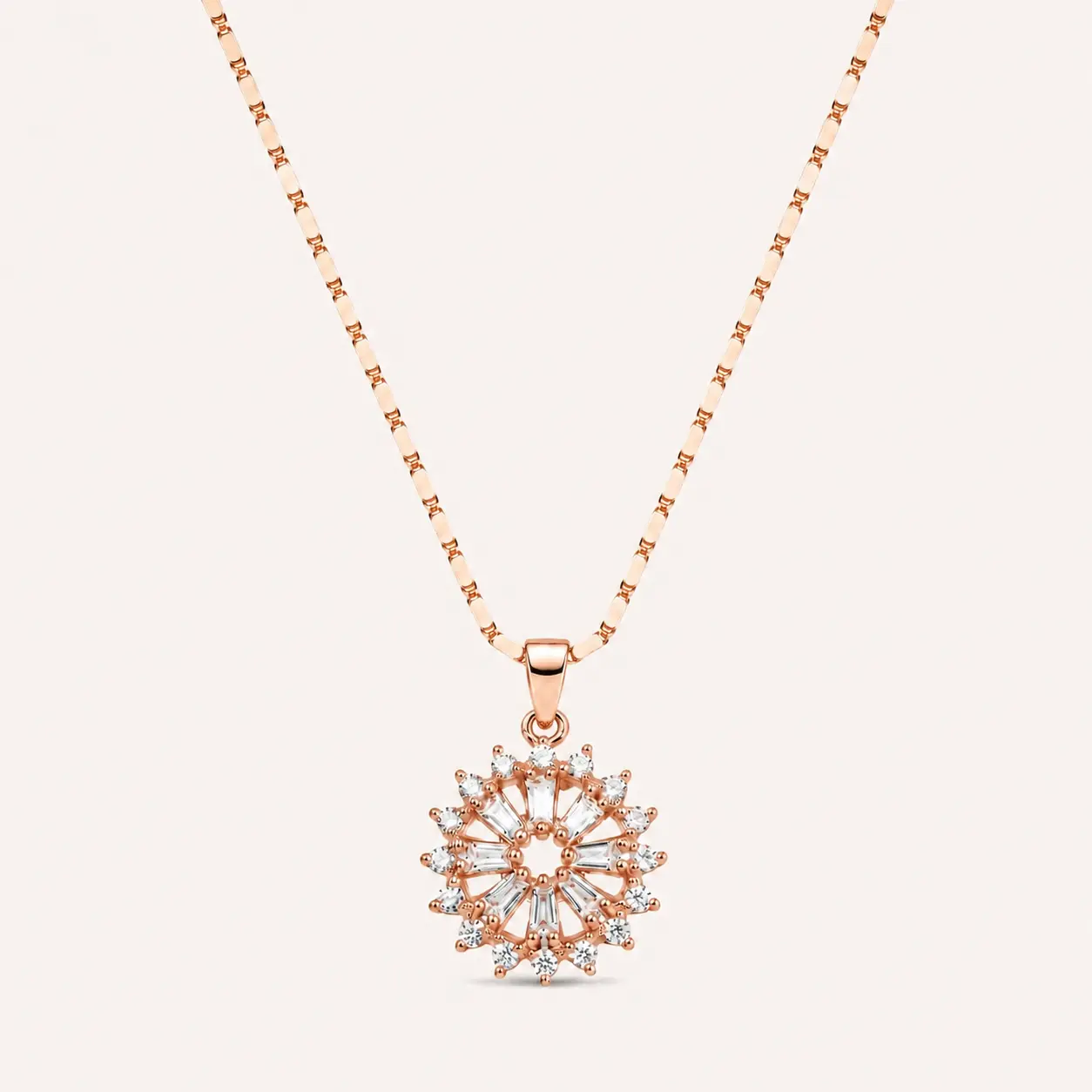 Divayra Rose Gold Baguette Sunburst Halo Necklace