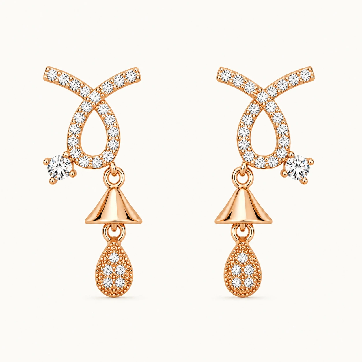 Divayra Rose Gold Bow Drop Earrings with Cubic Zirconia Stones for Women