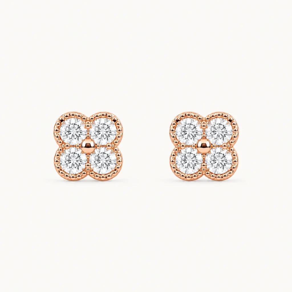 Divayra Rose Gold Clover Stud Earrings with Four Cubic Zirconia Stones for Women