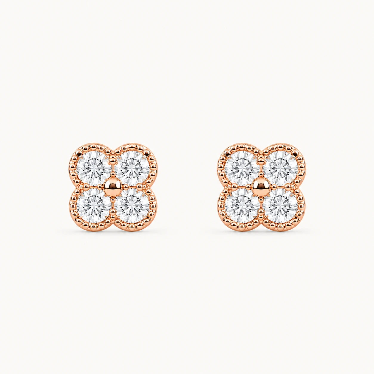 Divayra Rose Gold Clover Stud Earrings with Four Cubic Zirconia Stones for Women