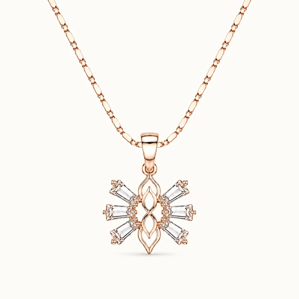 Divayra Rose Gold Snowflake Pendant Necklace with Baguette CZ Stones
