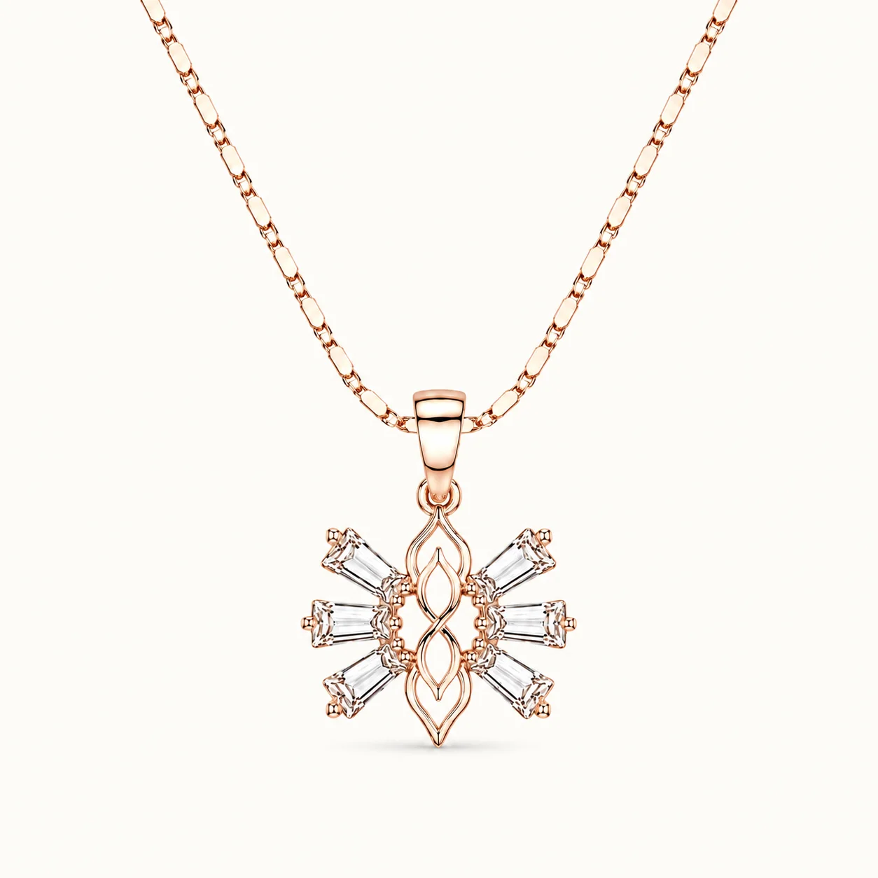 Divayra Rose Gold Snowflake Pendant Necklace with Baguette CZ Stones