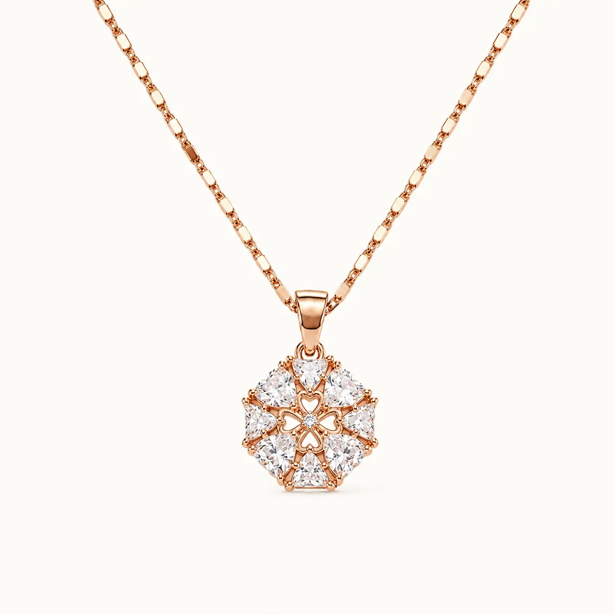 Divayra Rose Gold Floral Pendant Necklace with Heart Cut Cubic Zirconia Flower Design for Women