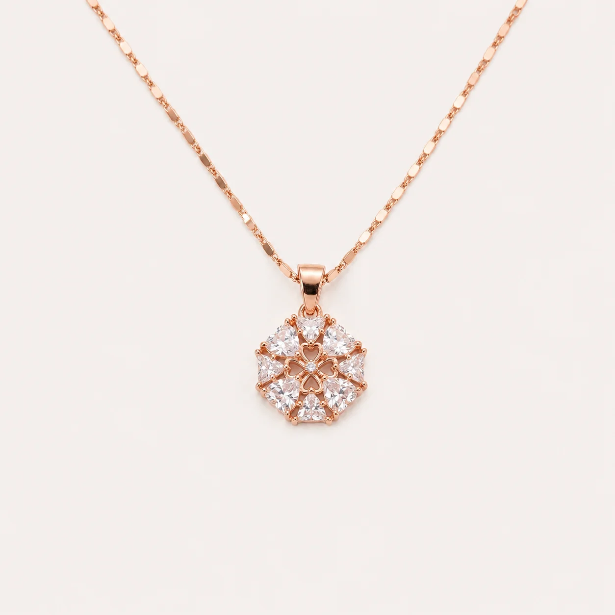 Divayra Rose Gold Floral Pendant Necklace with Heart Cut Cubic Zirconia Flower Design for Women