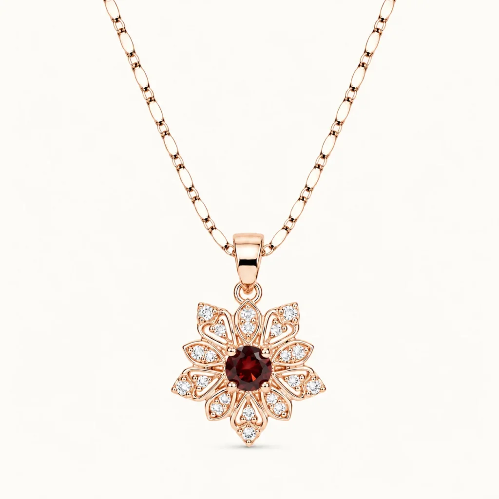 Divayra Rose Gold Floral Pendant Necklace with Red Gemstone and Cubic Zirconia Flower Design for Women