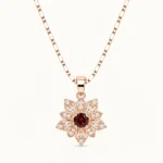 Divayra Rose Gold Floral Pendant Necklace with Red Gemstone and Cubic Zirconia Flower Design for Women