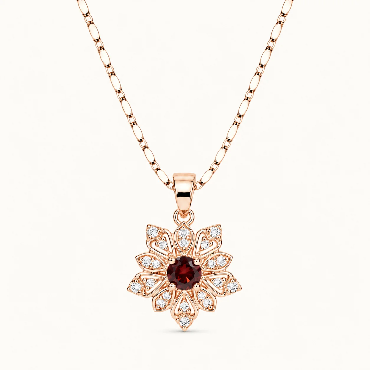 Divayra Rose Gold Floral Pendant Necklace with Red Gemstone and Cubic Zirconia Flower Design for Women