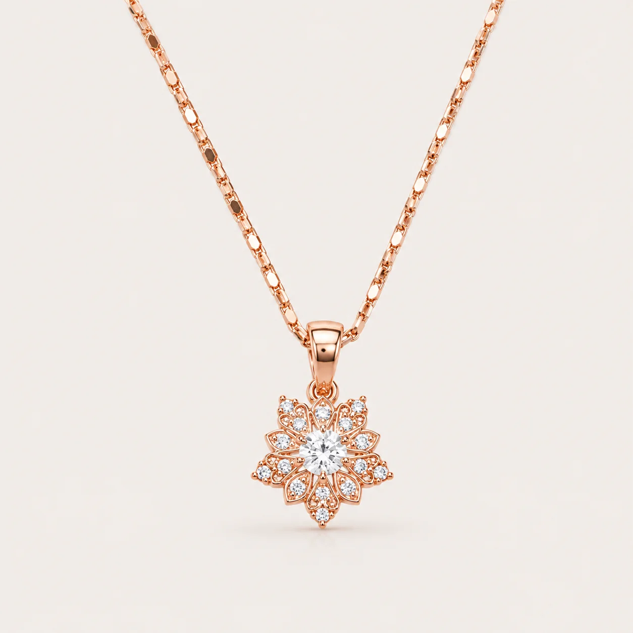 Divayra Rose Gold Flower Pendant Necklace with Round Cubic Zirconia and Floral Design for Women