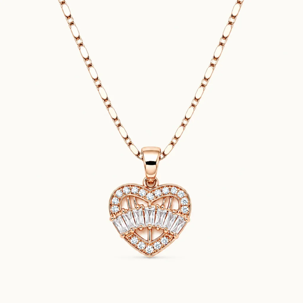 Divayra Rose Gold Heart Pendant Necklace with Baguette and Round Cubic Zirconia Stones for Women